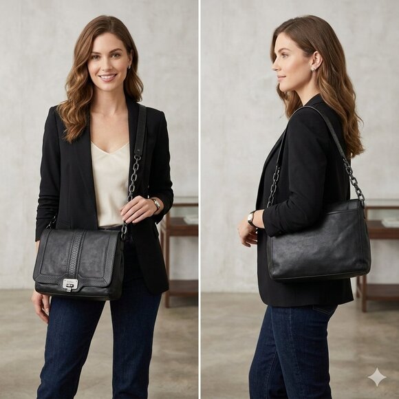 Cole Haan Handbags - Cole Haan Black Leather & Snakeskin Embossed Flap Shoulder Bag Gunmetal Hardware